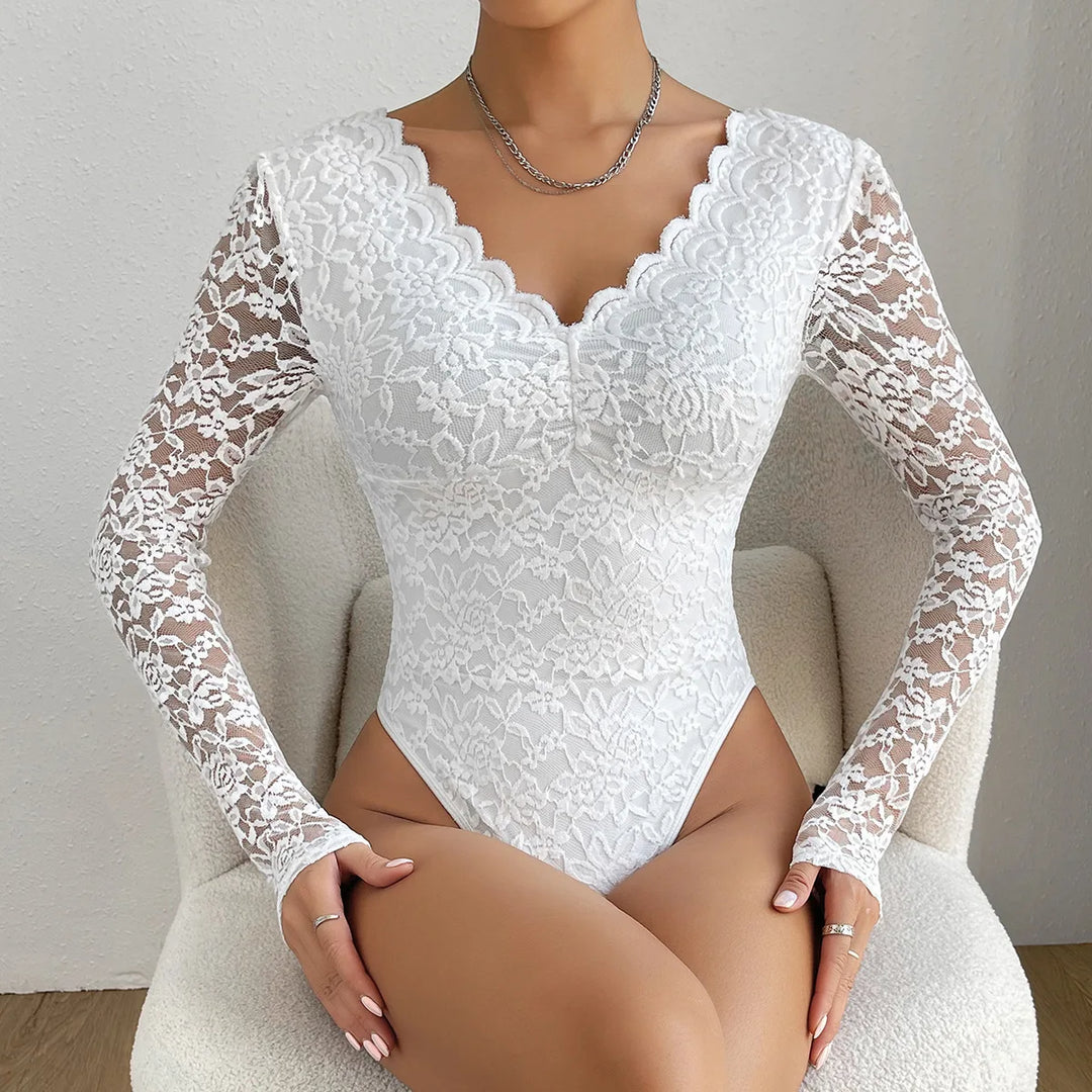 Sexy White Lace Bodysuit Sheer Corset Long Sleeve Slim Fit