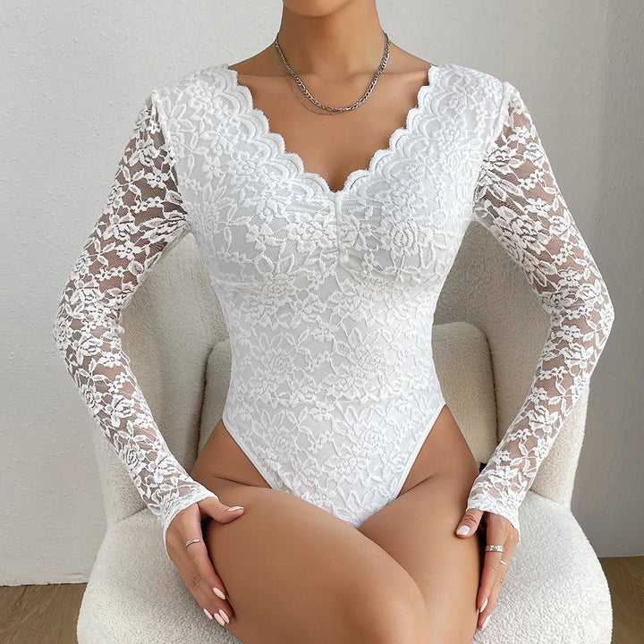 Sexy White Lace Bodysuit Sheer Corset Long Sleeve Slim Fit