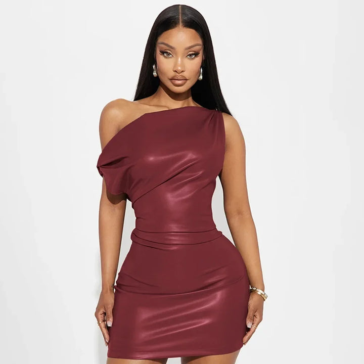 Elegant Sexy PU Leather Bodycon Mini Dress Ruched