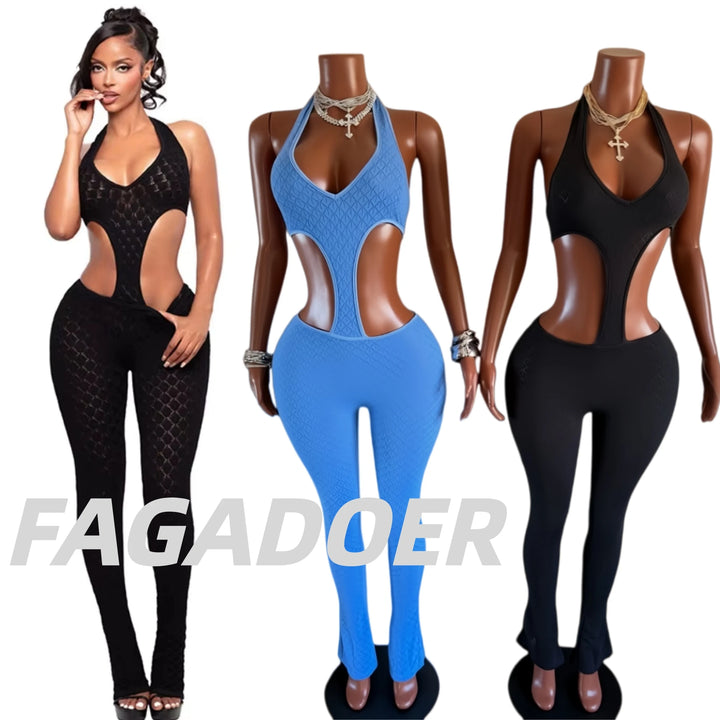 Fagadoer Lace Patchwork Bodycon Backless Jumpsuit