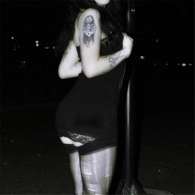 Goth Skull Print Straps Mini Dress Lace Bodycon