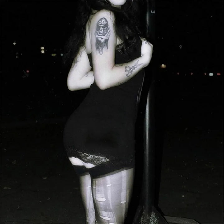 Goth Skull Print Straps Mini Dress Lace Bodycon