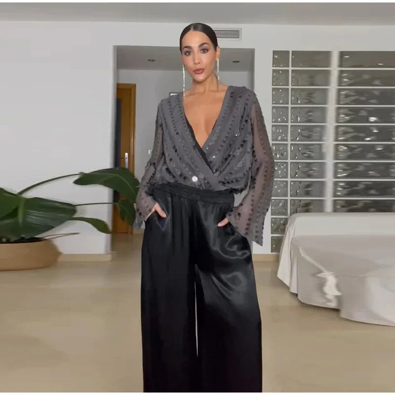 Elegant V Neck Layered Sequin Jumpsuit For Evening