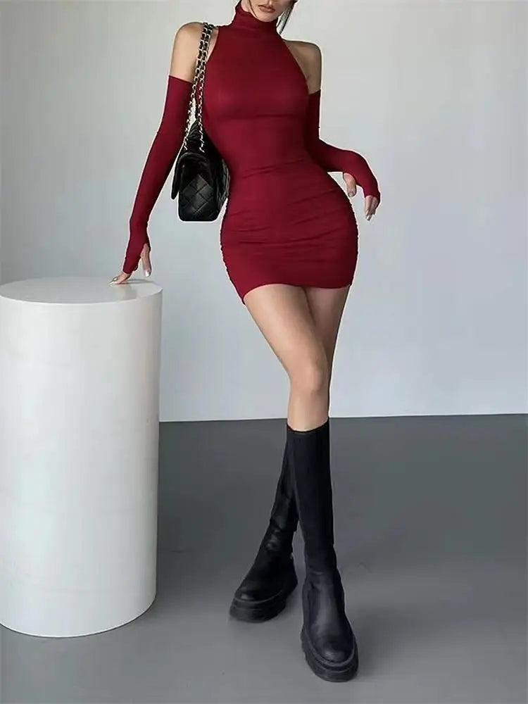 Stylish Black Ruched Turtleneck Mini Dress