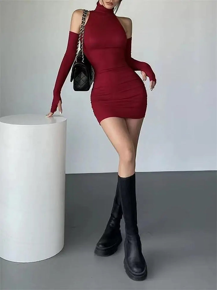 Stylish Black Ruched Turtleneck Mini Dress