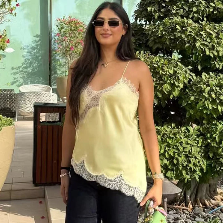 HXAO 2025 Woman Asymmetrical Slip Top Women Sexy Black Yellow Blue Top Lace Tanks &amp; Camis Chic Y2K Sleeveless Backless Camisole