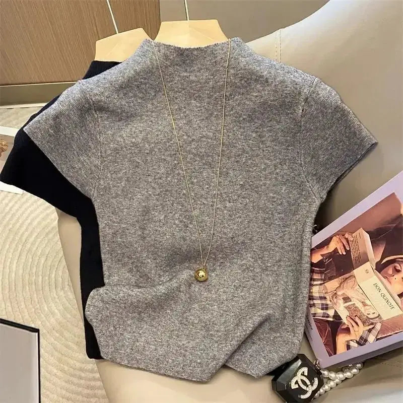 Basic Turtleneck Solid Thin Summer 2026 Pullover Women Female Knitted Sweater Slim Short Sleeve Bodycon Sweater