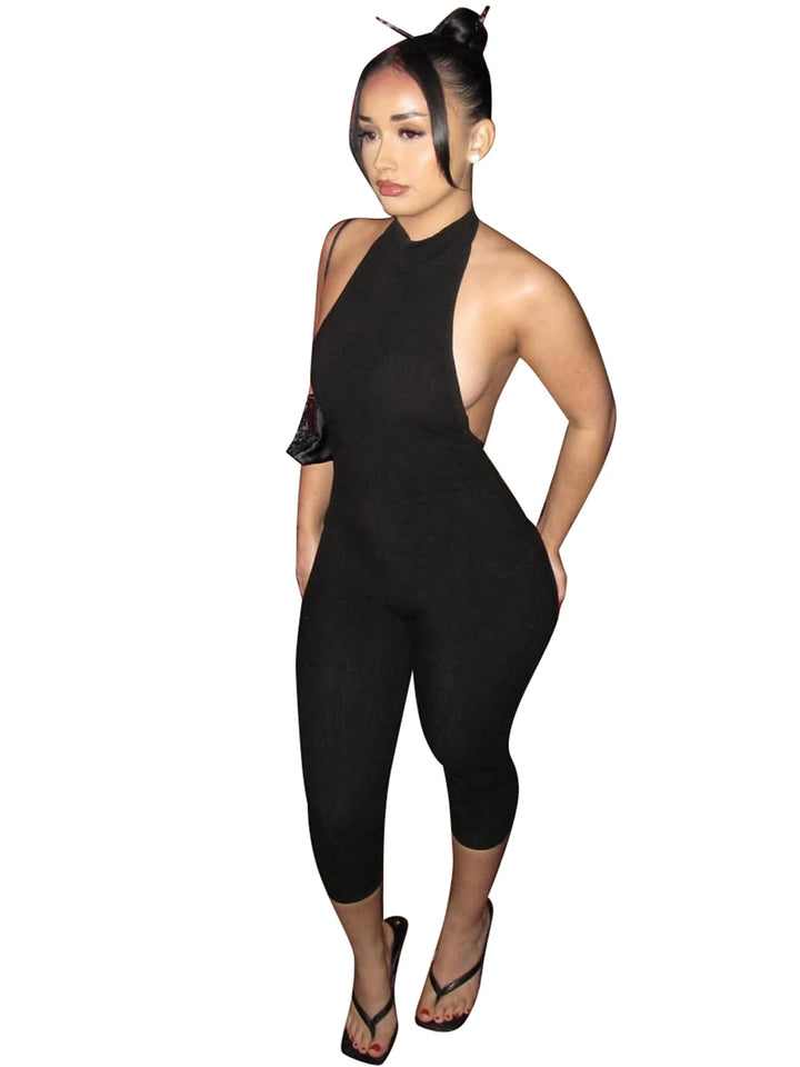 Elegant Ribbed Knit Halter Neck Bodycon Jumpsuit