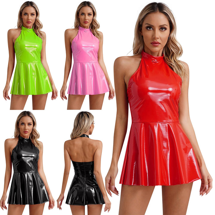 Luxury Glossy Patent Leather Mini A Line Dress