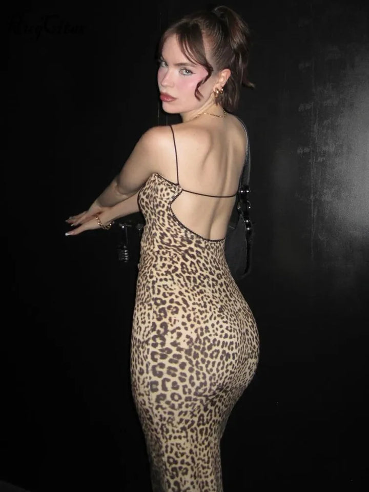 Leopard Print Backless Bodycon Maxi Dress Beach