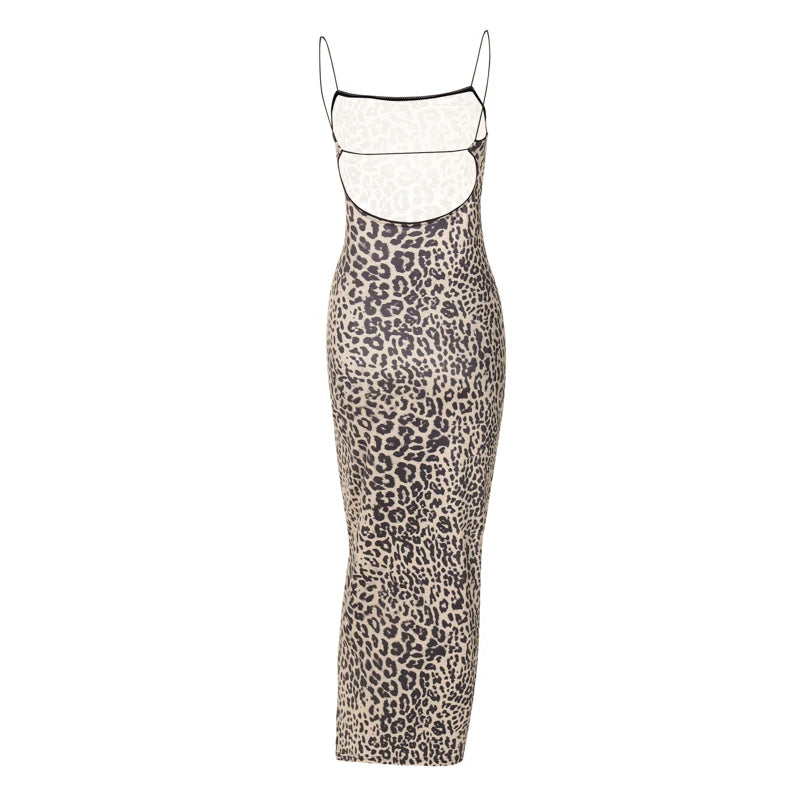 Hugcitar Leopard Backless Bodycon Maxi Dress