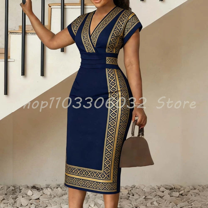 Navy Gold Geometric Bodycon Dress V-Neck Midi