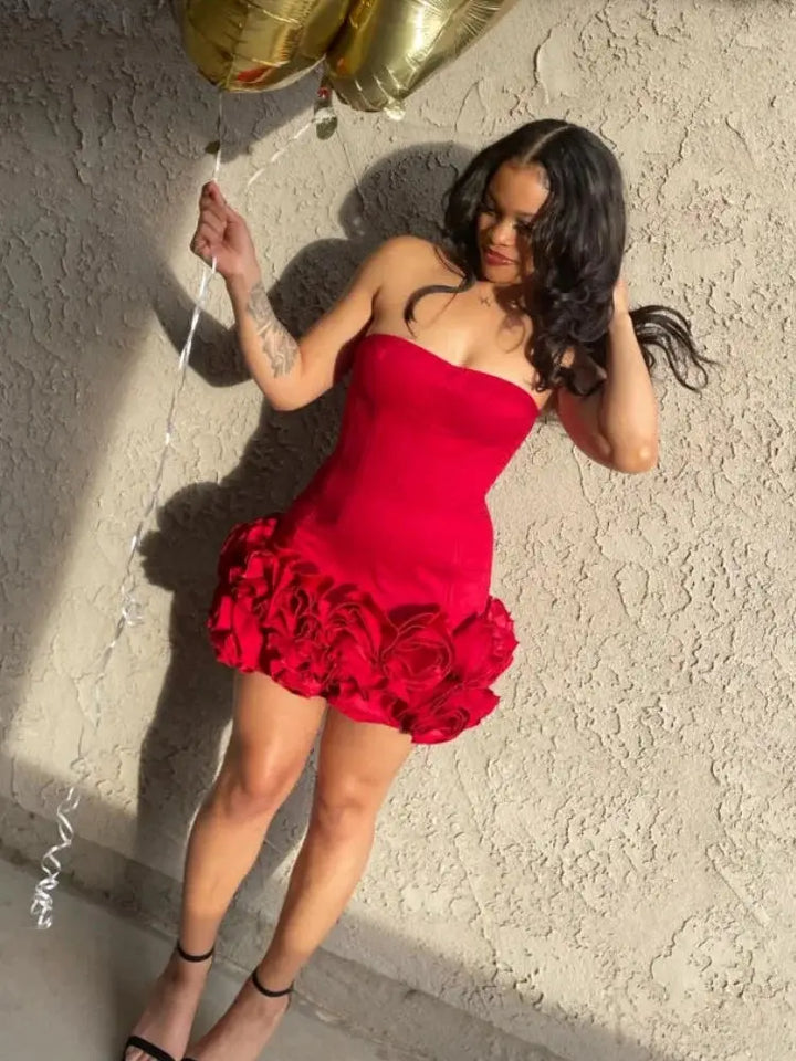 VC Christmas Dress Strapless Backless Red Structured Floral Embellished Mini Length Bodycon Celebrity Party Cocktail Dress