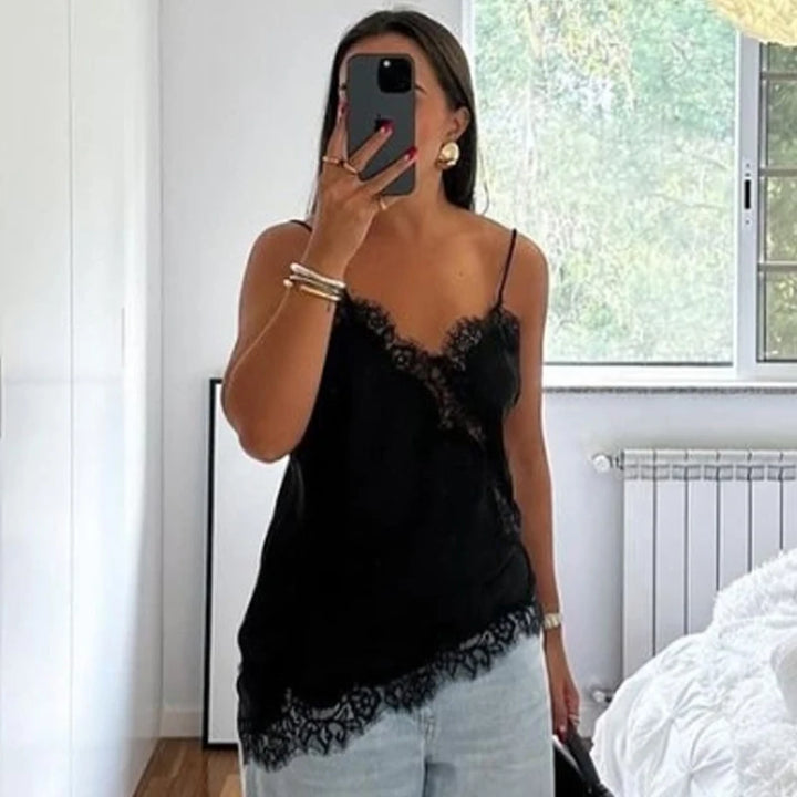 HXAO Asymmetrical Slip Top Women Summer 2025 Y2K Tanks &amp; Camis Lace Black Off Shoulder Top Elegant Sleeveless Backless Camisole