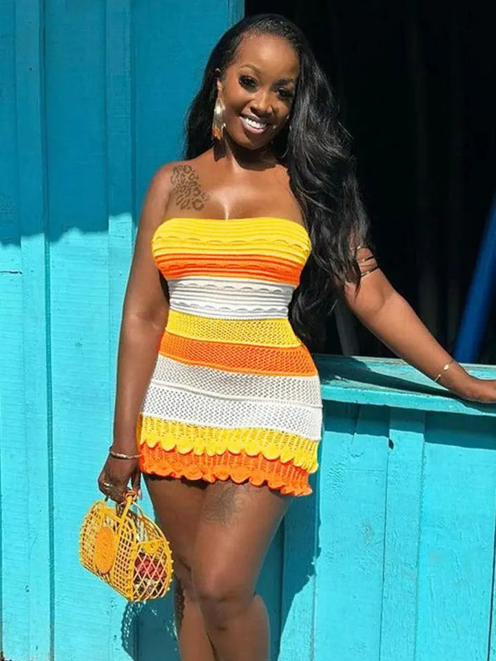 Elegant Striped Ruffles Chic Summer Clubwear Dress
