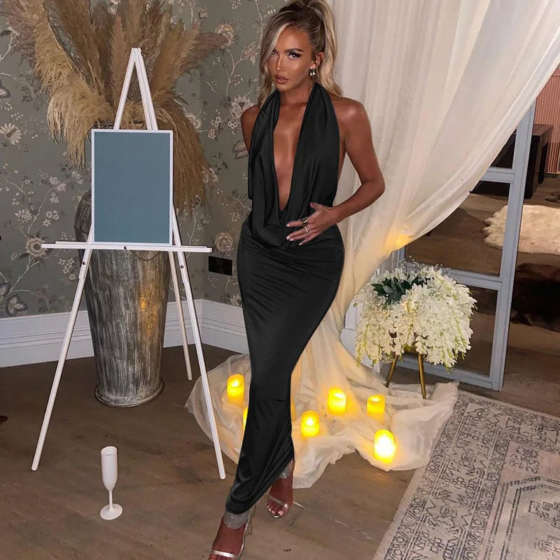 Dulzura Backless Halter Midi Dress Women Bodycon