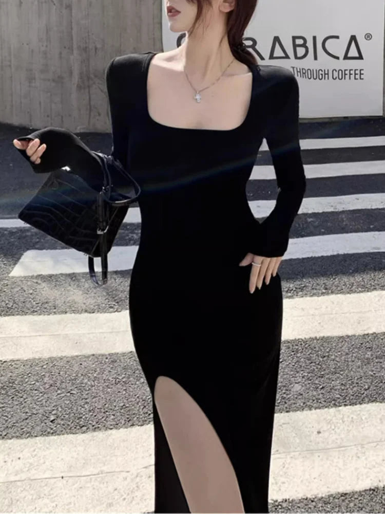 Sexy Side Slit Bodycon Dress For Women Black