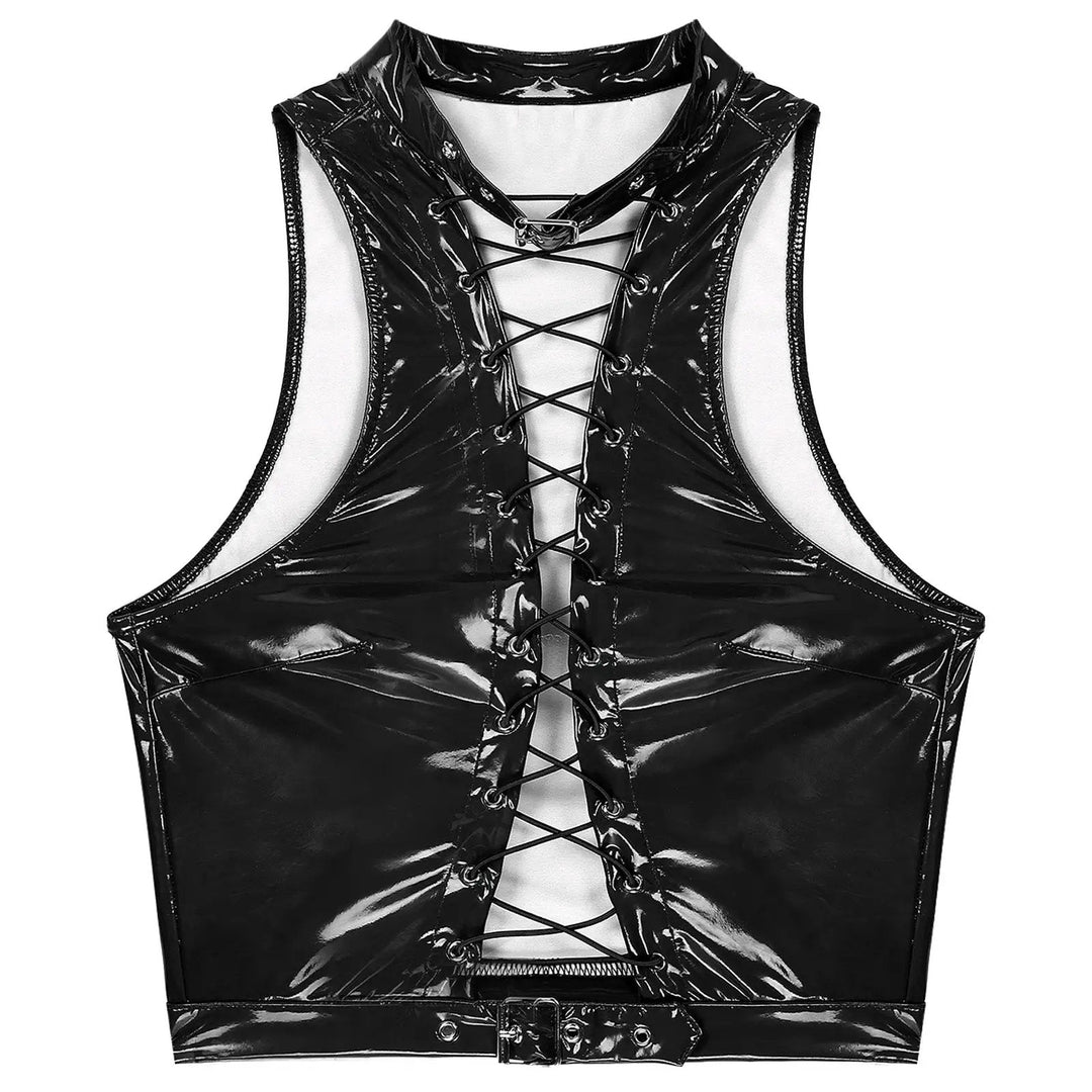 Women Leather Vest Gothic Steampunk Wet Look Hollow Out T-shirt Slim Bodycon Streetwear Sleeveless Crop Top Party Clubwear