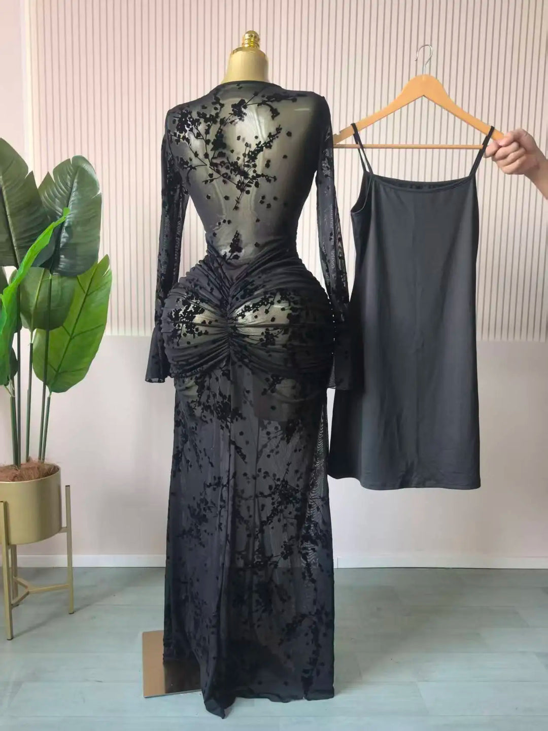Elegant Sheer Mesh Evening Gown Long Sleeve Formal