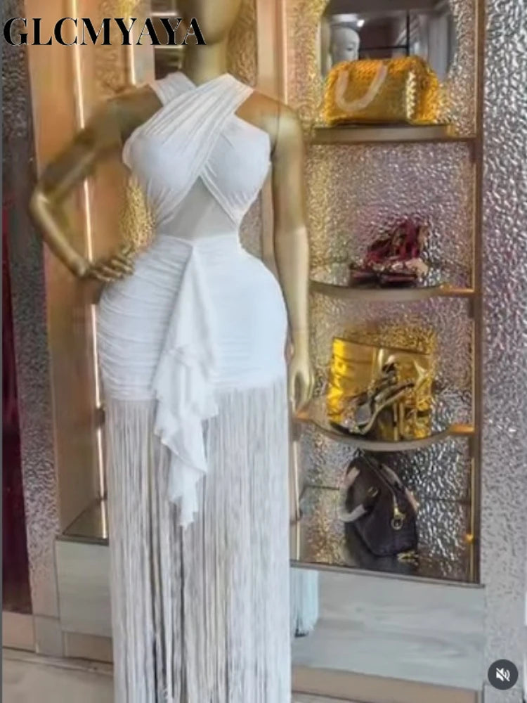 Women Wrap Halter Tassel Patchwork Maxi Dress