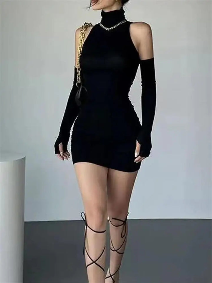 Ruched Bodycon Turtleneck Mini Dress Women Black