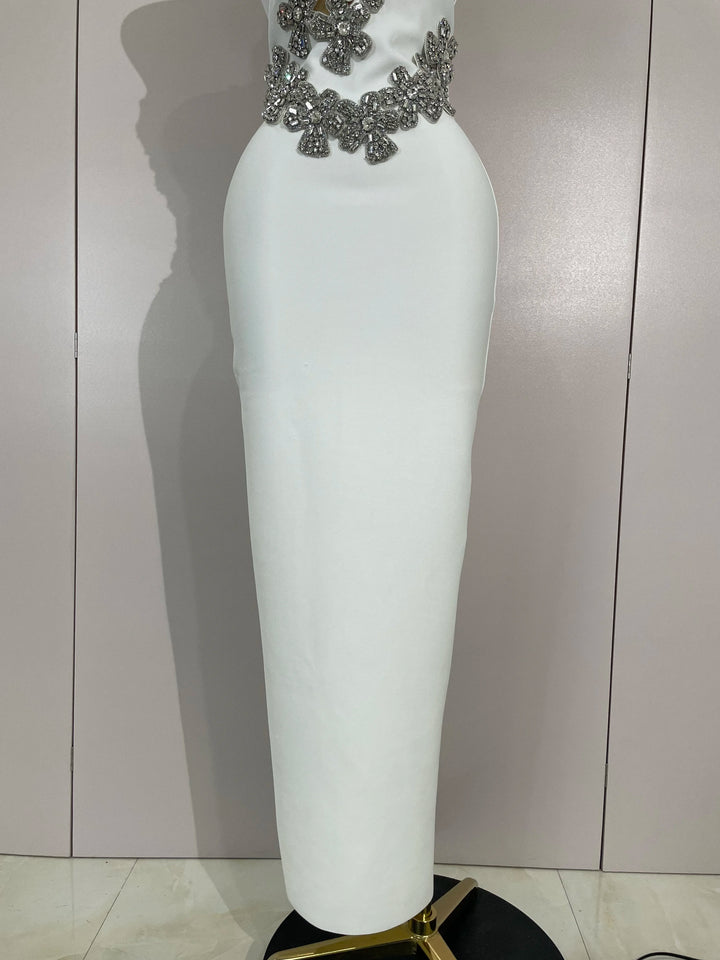 White Sparkly Crystal Diamond Backless Bodycon
