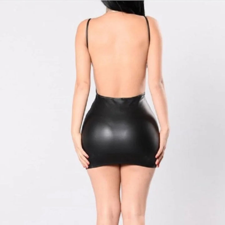 Black PU Leather Backless Bodycon Mini Dress