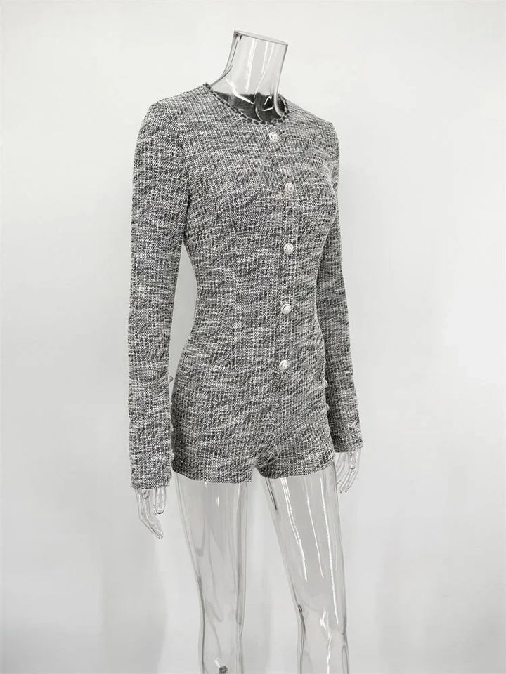 Beige Tweed Romper With Button Detail Jumpsuit