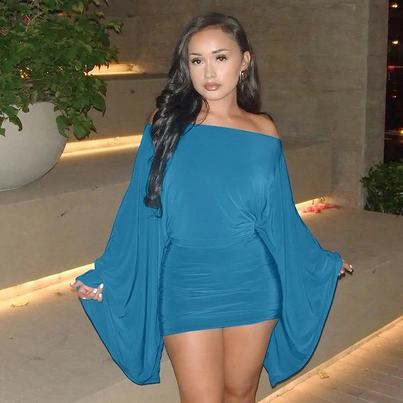 Elegant Ruched Mini Knit Dress With Cloak Sleeves