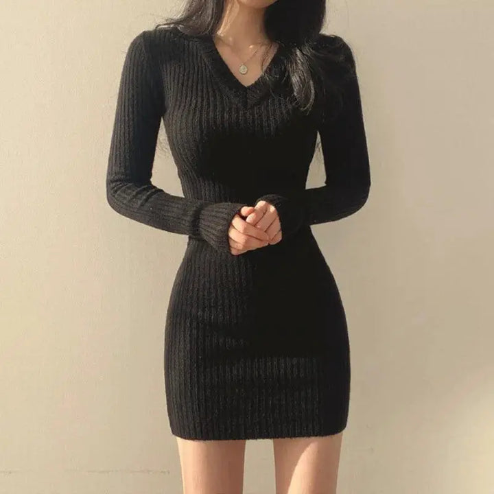 Retro Knit V Neck Bodycon Dress Vintage Fall Winter Sweater