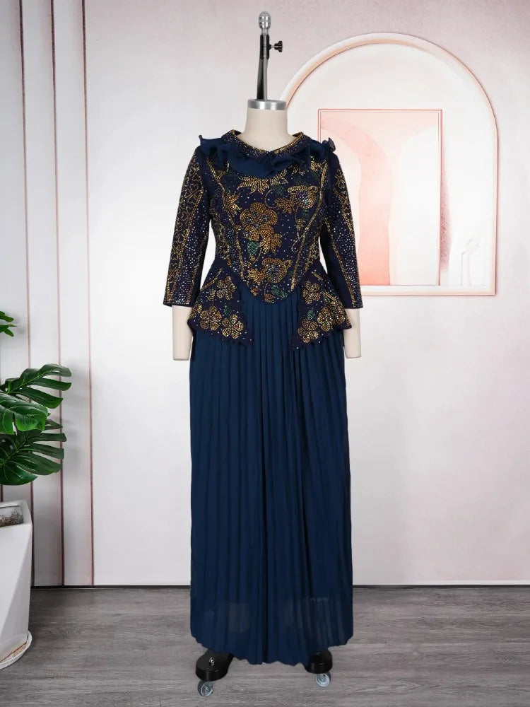 Elegant Diamond Embroidered V Neck Maxi Dress For