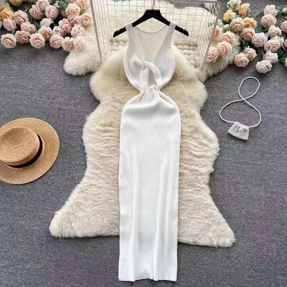 Korean Knitted V Neck Bodycon Dress Chic Hollow Out Style