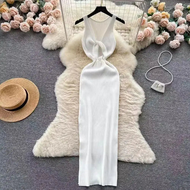 Korean Knitted V Neck Bodycon Dress Chic Hollow Out Style