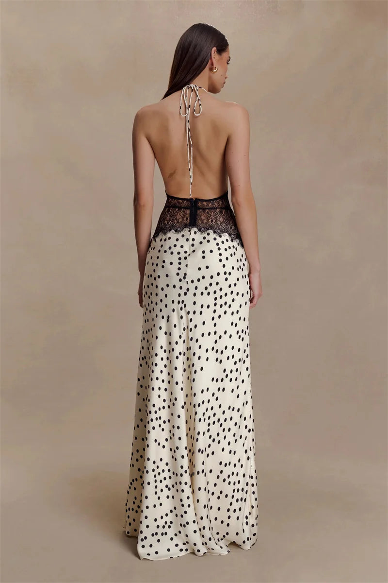 Elegant Polka Dot Lace Maxi With Backless V Neck
