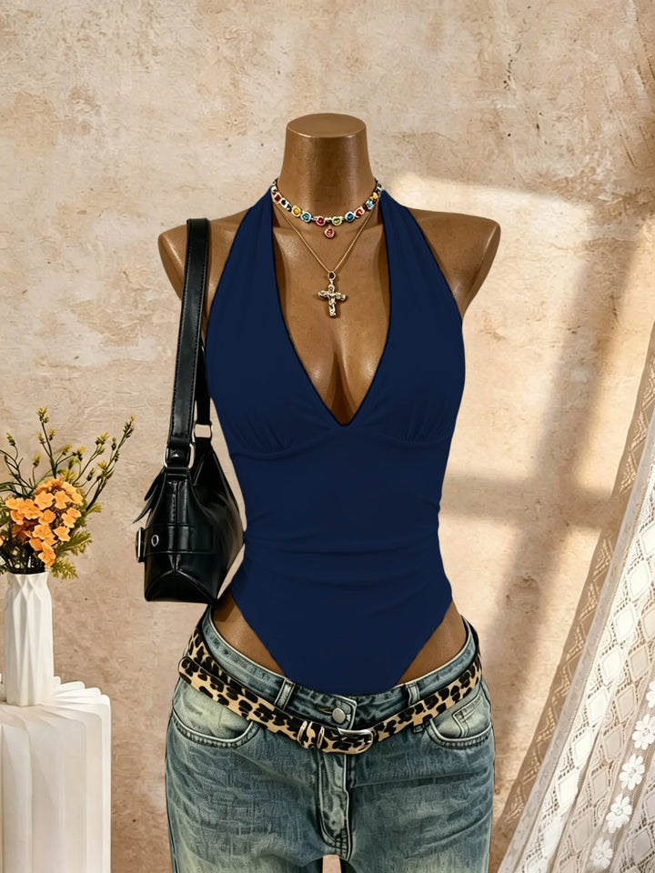 Chic Y2K Halter Bodysuit Deep V Neck Slim Fit