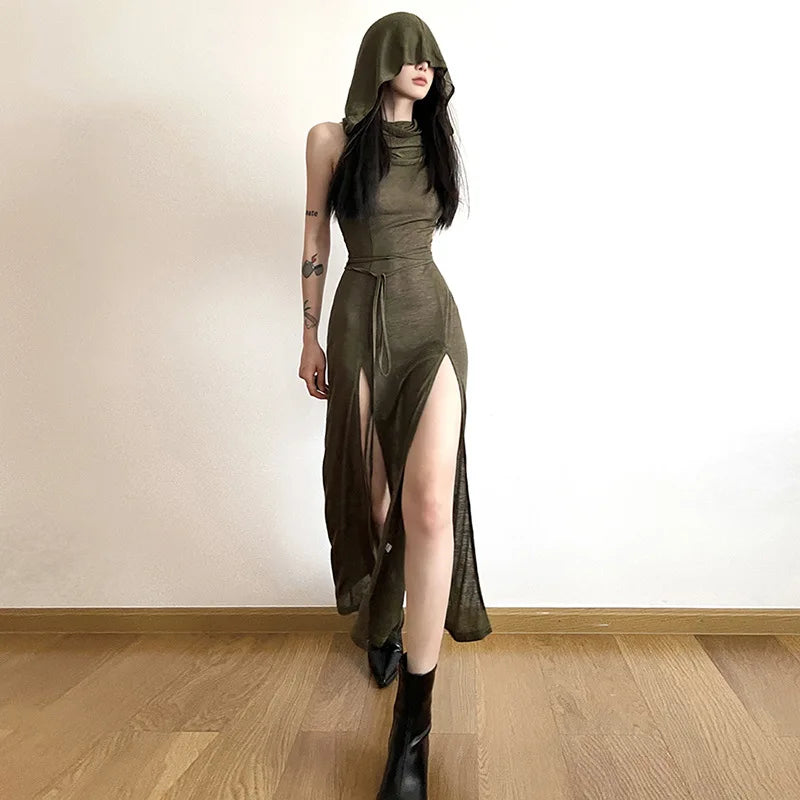 Sexy Sleeveless Hooded Long Split Dress For Summer