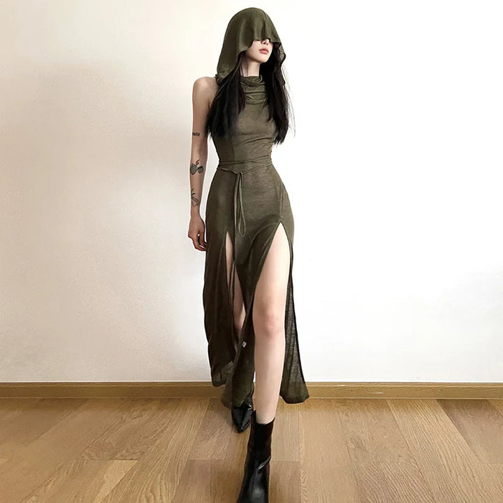 Sexy Sleeveless Hooded Long Split Dress For Summer
