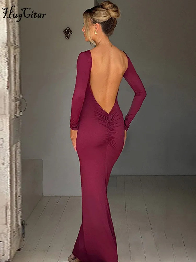 Hugcitar Backless Long Sleeve Bodycon Maxi Dress