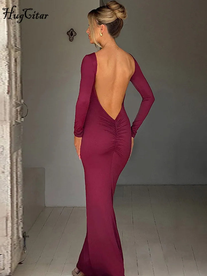 Hugcitar Backless Long Sleeve Bodycon Maxi Dress