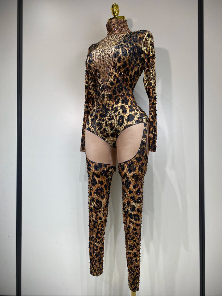 Leopard Print Bodycon Jumpsuit for Nightclub Stage
