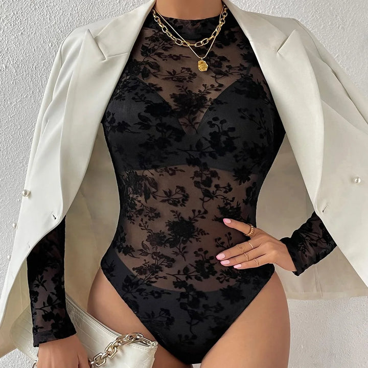 Stylish Black Floral Mesh Bodysuit With Long Sleeve For Women