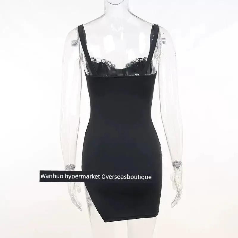 Split Spy Girl Strap Dress V Neck Lace Trim Slim Fit Slit - OurLum.com