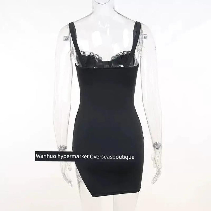 Split Spy Girl Strap Dress V Neck Lace Trim Slim Fit Slit - OurLum.com