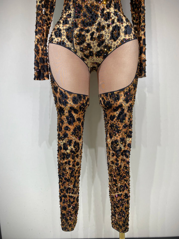 Leopard Print Bodycon Jumpsuit for Nightclub Stage