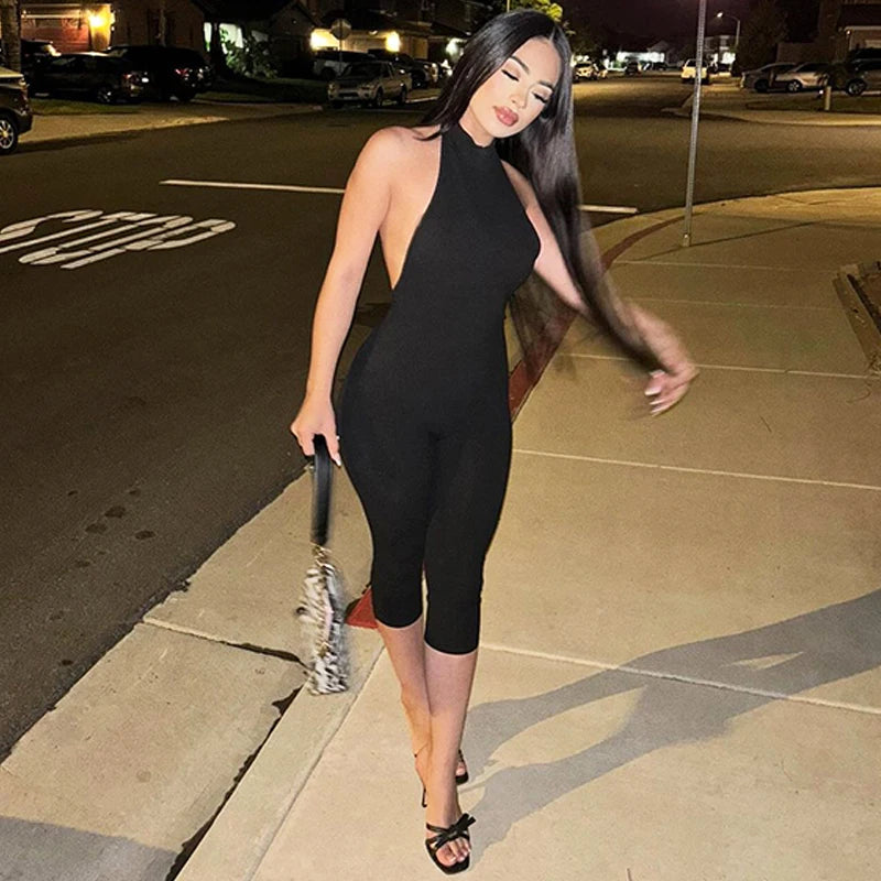 Elegant Ribbed Knit Halter Neck Bodycon Jumpsuit
