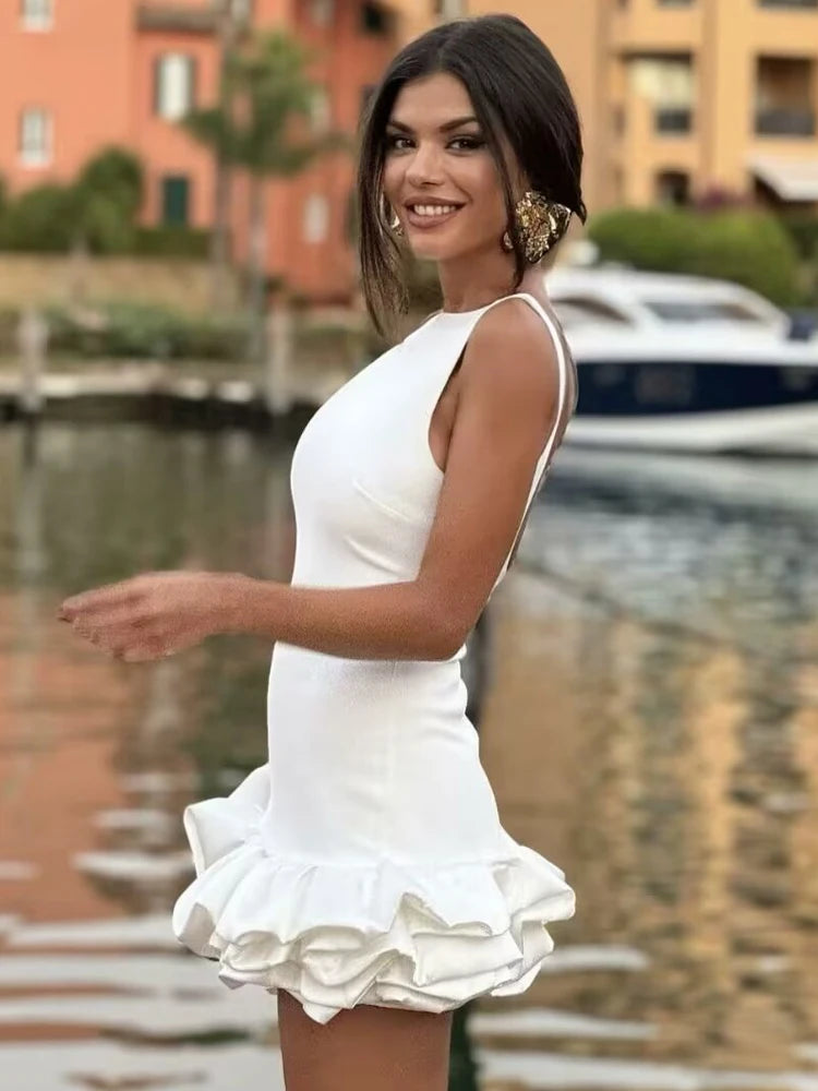 White Backless Ruffle Bodycon Mini Dress For Women