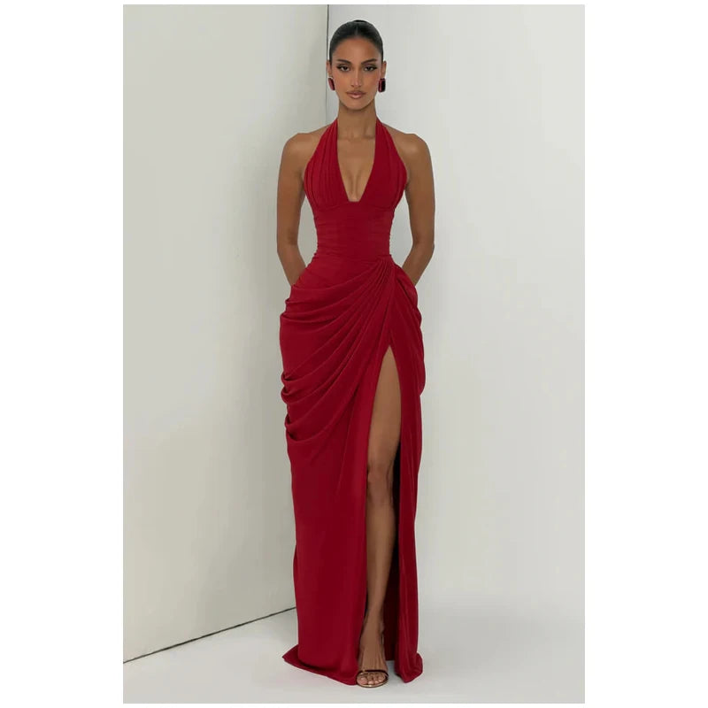 Solid Satin Cowl Neck Dress Women Sleeveless Elegant Ruched Waist Fishtail Bodycon Summer Party Elegance