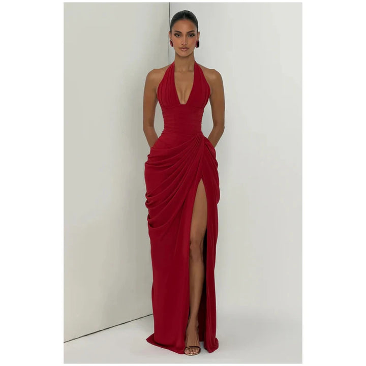 Solid Satin Cowl Neck Dress Women Sleeveless Elegant Ruched Waist Fishtail Bodycon Summer Party Elegance