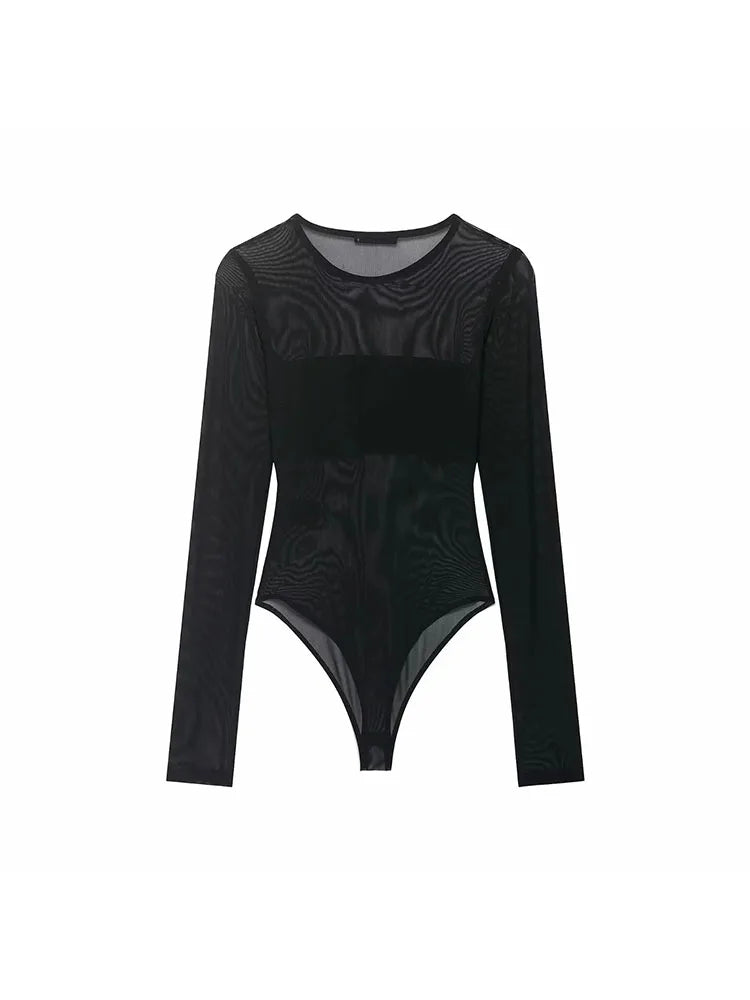 Sexy Mesh Bodysuit Women See Through Neck Jumpsuit