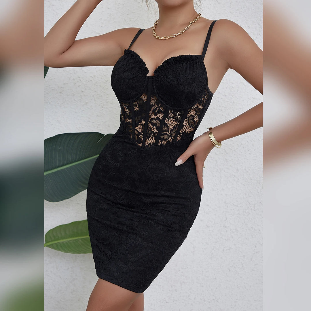 Black Y2K Floral Lace Mesh Backless Dress